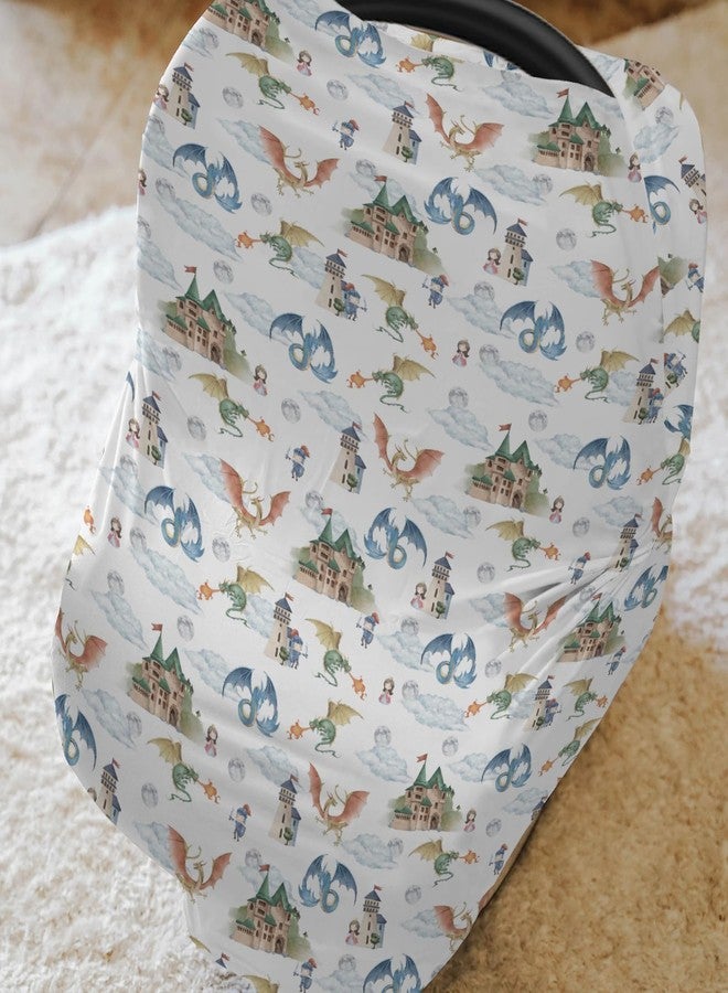ZoUbqchY Fairytale Dragon and Knights Car Seat Cover for Babies Fantasy Dragons Princess Castle Stretchy 5-in-1 Cover Adjustable Infant Carseat Cover Canopy Moon Clouds Breathable Nursing Cover-Up - Image 2
